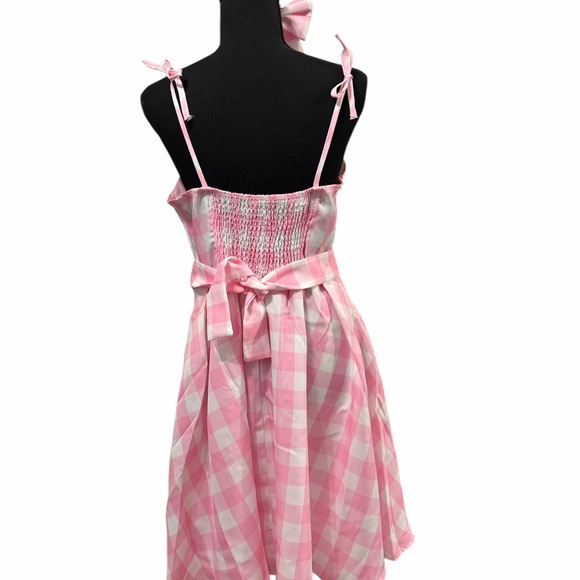 Pink & White Checkered Barbie Dress Costume with Bow Belt & Earrings size L - Picture 6 of 16